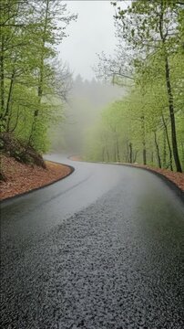 Rainy day scene on a country road surrounded by lush green forest.