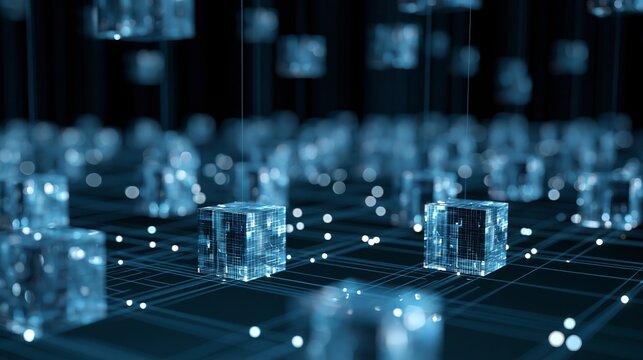 Glowing blue glass cubes float above dark interconnected grid patterns in this highly detailed abstract three dimensional digital art composition