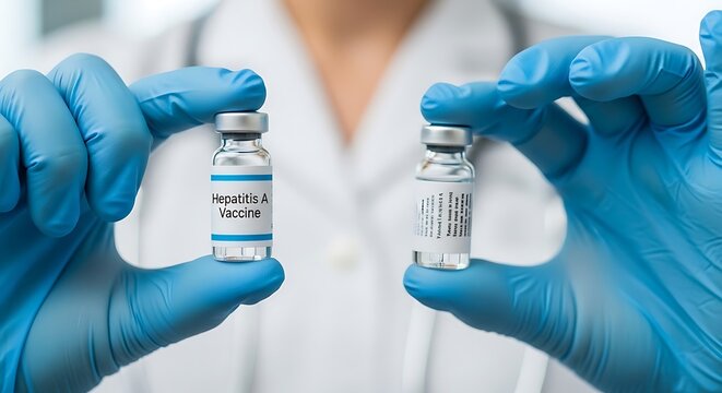 Medical professional holding Hepatitis A vaccine vials in gloved hands
