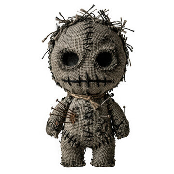 Creepy voodoo doll made of burlap fabric with pins and needles stuck in it isolated on transparent background