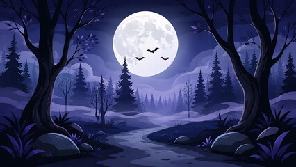 Fototapeta premium A nocturnal forest scene features a large full moon and silhouetted trees under a dark blue sky night silhouette