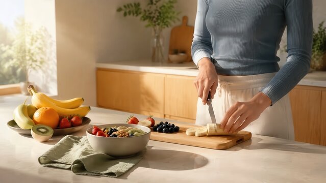 A person skillfully prepares delicious meals in a bright kitchen adorned with an array of fresh fruits artistically displayed on the table, while warm sunlight streams in, illuminating the entire spac