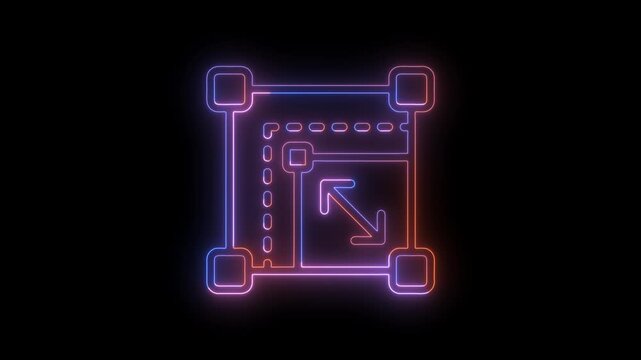 Glowing neon resize and scaling icon showing a rectangular selection frame with corner handles and diagonal arrows on a dark background. Suitable for graphic design, image editing, interface, scaling,