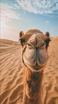 Close-up of a camel in a sunlit desert. Soft golden light illuminates its face. Wind-blown sand creates gentle ripples. Camel gazes directly into the camera. Sky shows scattered clouds above
