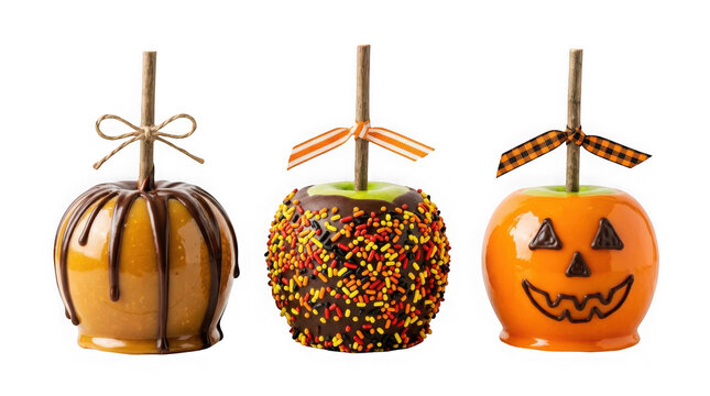 Three decorative halloween candy apples isolated on transparent background