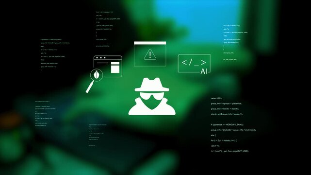 Anonymous hacker icon surrounded by bug magnifier and warning icons on green programming code background for cybersecurity and malware scanning concept.