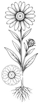 Daisy Flower Botanical Line Art Illustration with Roots and Petal Detail