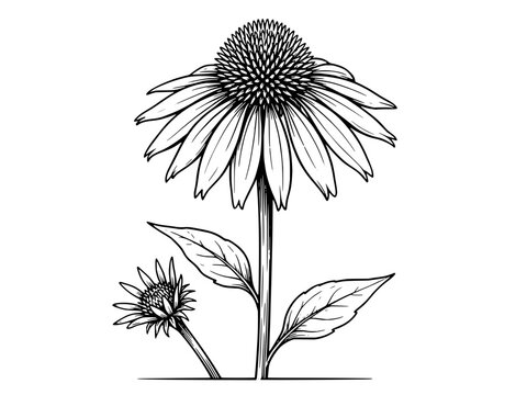 Echinacea Flower Botanical Line Art Illustration with Large Petals