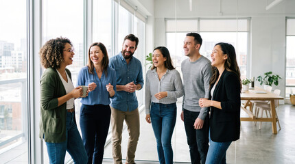 Obraz premium Team laughing together office glass window business colleague group meeting diverse coworker sharing cheerful conversation near bright glass window in modern workplace