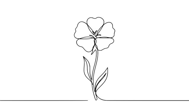 Minimalist single line drawing of a delicate flower with stem and leaves on transparent background