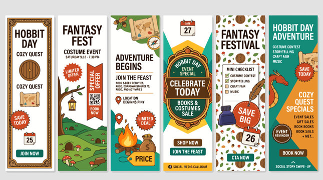 Fantasy festival vertical banners set, Hobbit Day adventure event flyers, cozy quest promotional web templates with medieval illustrations