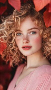 A woman posing for a against an autumn backdrop with red leaves, showcasing her elegant style and delicate beauty.