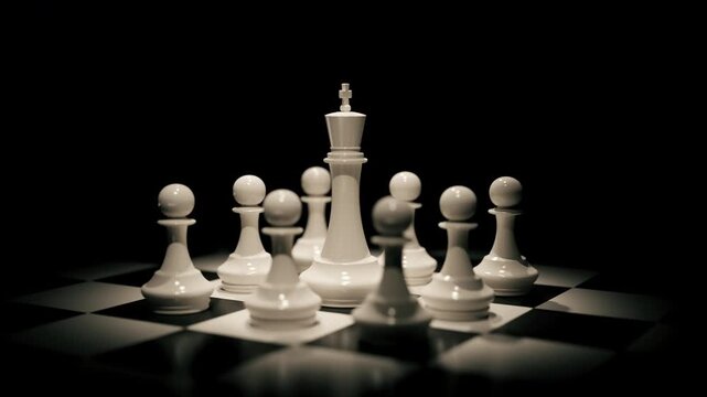 Chess king and pawns on a dark board with cinematic camera movement