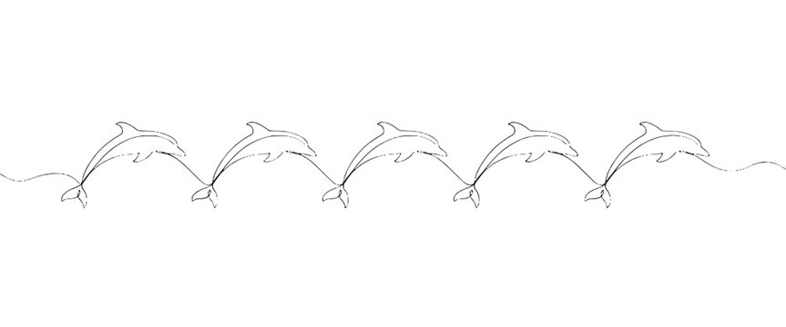 Minimalist continuous line drawing of jumping dolphins in a repeating horizontal pattern