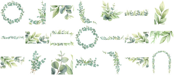 Elegant watercolor eucalyptus leaves, a comprehensive collection of frames, borders. © NamCam