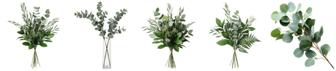 Five distinct elegant bouquets and arrangements featuring fresh green eucalyptus and olive branches. © NamCam
