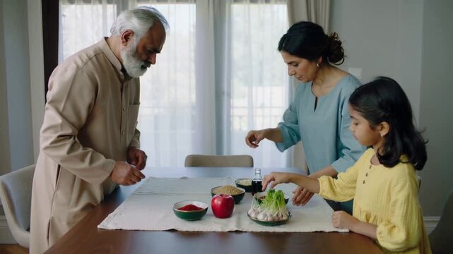 Iranian multigenerational family arranges an authentic Haft-Seen table with apple, sumac, vinegar, samanu, sabzeh and garlic in a modern home with soft natural light.
