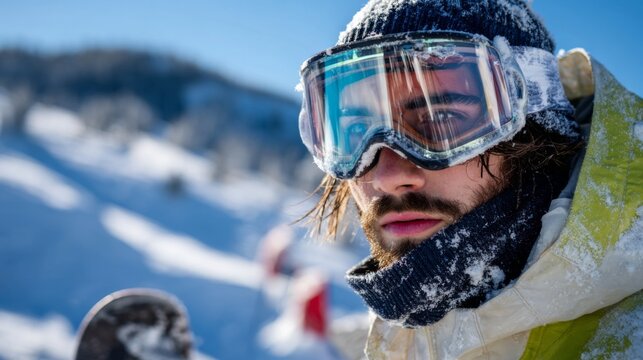 Close up portrait of a young man wearing ski goggles and warm winter clothing