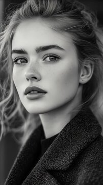 Stylish portrait of a young woman with freckles, poised and confident, wearing a chic coat.
