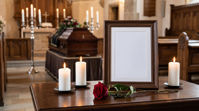 A solemn and respectful composition featuring an empty wooden photo frame adorned with a traditional black mourning ribbon. A vibrant red rose and glowing white candles rest