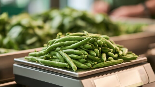 Fresh green beans piled on a digital scale in a market setting, with blurred leafy vegetables in the background, showcasing vibrant colors and healthy produce ready for sale