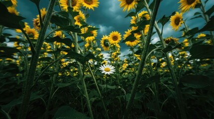 Obraz premium Single lonely white daisy flower standing out in a vast field of bright yellow sunflowers under a dark moody stormy sky in the countryside