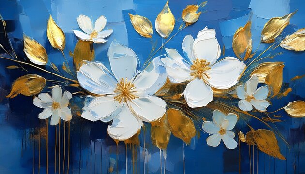 white flowers blue background gold leaves princess staples thick impasto paint tall drip oil metal
