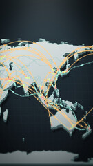 A vertical 3D map of Asia and Australia glows with orange flight arcs and transit hubs, showing global connectivity for airline marketing, logistics, and travel industry content. © DBFilms