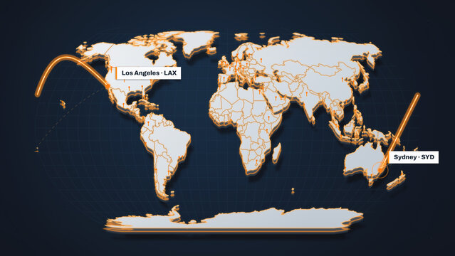 World map flight route animation highlights a glowing air connection from Los Angeles LAX to Sydney SYD, excellent for aviation, airline, tourism, logistics, and travel visuals.