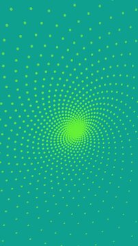 Vibrant green halftone dots spiral in a dynamic radial pattern over a dark teal background designed for mobile story layouts