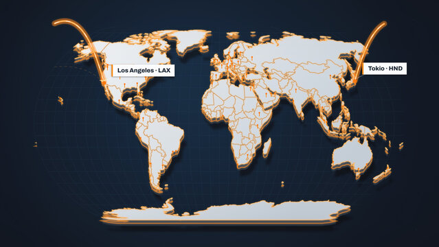 World map flight route animation traces a glowing air connection from Los Angeles LAX to Tokyo HND, suited for aviation, tourism, airline, logistics, and travel projects.