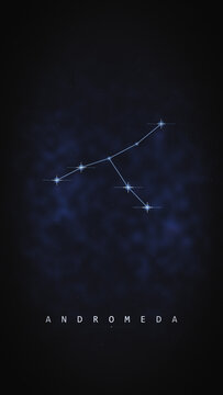Andromeda constellation animation reveals a glowing star pattern in a vertical deep blue sky design with faint nebula haze, perfect for astronomy, education, and social media visuals.