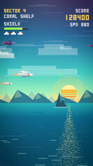 A pixel-art sky shooter shows biplanes battling over a coral shelf ocean at sunset with a shield bar and score HUD, ideal for arcade game trailers and retro flight combat promos. © DBFilms
