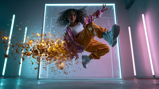 Female Street Dancer Jumping in Futuristic Neon Studio