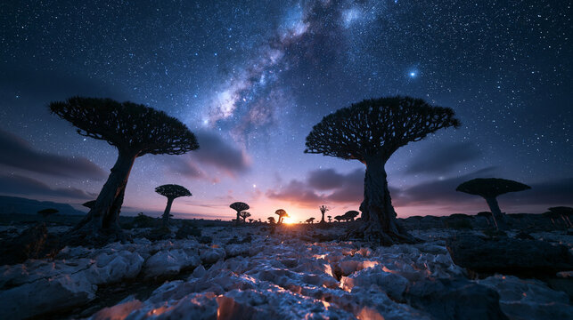 Dragon Blood Trees Under Milky Way Night Sky in Socotra