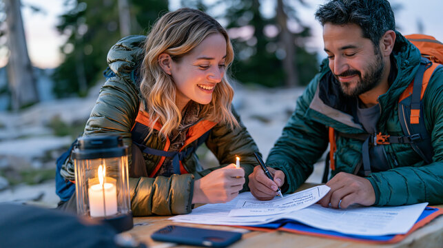 A hiking guide crouches beside a candle lantern at dusk on a mountain trail shelter table, the candlelit atmosphere illuminating her face as she quietly advises a solo hiker on a printed smoking ces