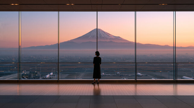 Woman Looking at Mount Fuji from Airport Terminal Window at Sunset