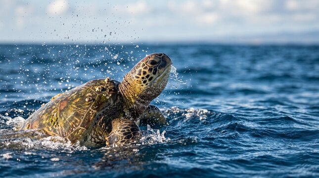 Sea Turtle Surfacing in Ocean Water with Splash