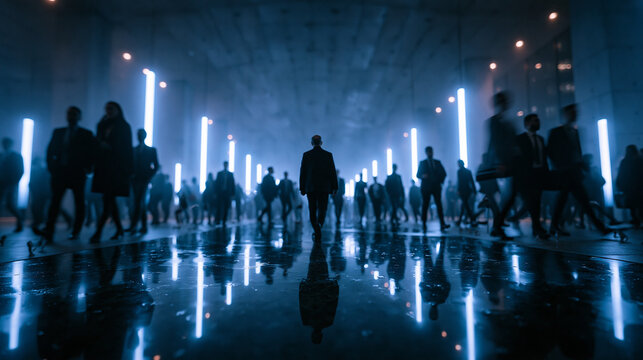 Businessman Silhouette Walking in Futuristic Neon Lighted Corridor