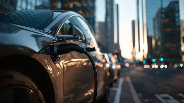 Electric Vehicle Charging on City Street at Sunset