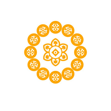 A decorative orange floral ornament. Geometric mandala design with a central drop motif, isolated object. Transparent PNG illustration