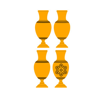 Set of golden vase set icons with floral ornaments and decorative patterns. Transparent PNG illustration