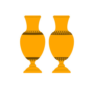Set of four golden vases with diverse ancient and ornate patterns, including floral, mandala, geometric filigree, and narrative designs. Transparent PNG illustration