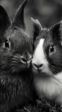 A heartwarming black and white capturing the intimate moment between two bunnies close to each other.