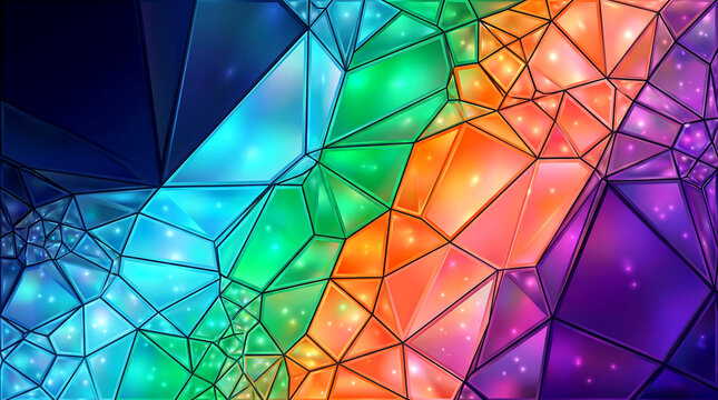 Translucent polygons forming a stained glass background with vibrant rainbow colors and geometric pa