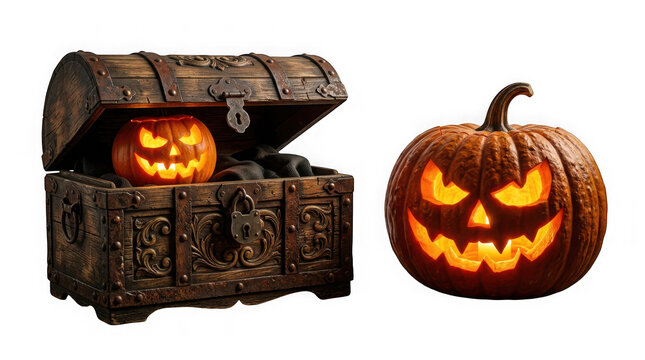 Spooky carved jackolantern pumpkin inside an old wooden treasure chest isolated on transparent background