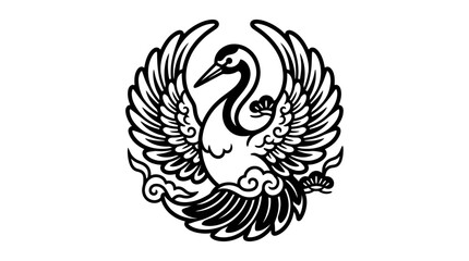 Obraz premium Elegant Crane Bird Emblem with Flowing Clouds