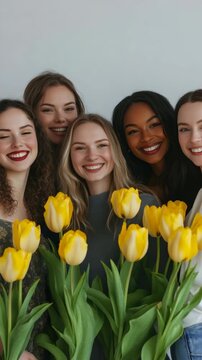 A group of smiling young women posing together while holding a bouquet of yellow tulips.