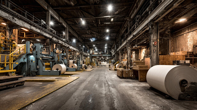 Inside a mill with machines and rolls of paper during a workday