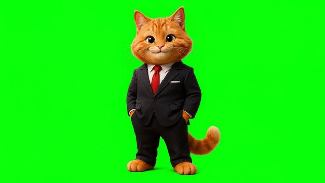 3D friendly business ginger cat character smiling and waving paw at camera on green screen chroma key